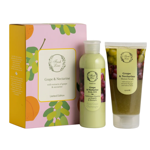 FRESH LINE PROMO GRAPE & NECTARINE SHOWER SCRUB 150ML & BODY MILK 200ML